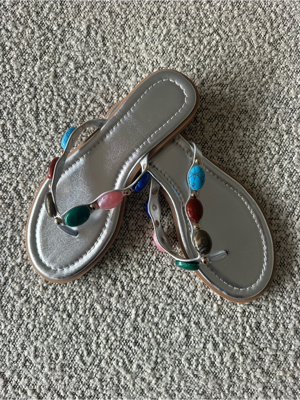 Silver Women's Beaded Thong Sandals with Multicolor Stone Accents
